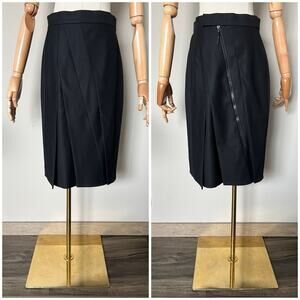 Akris Punto Asymmetrical Bias Cut Pleated Black Wool Pencil Skirt 8 $580
